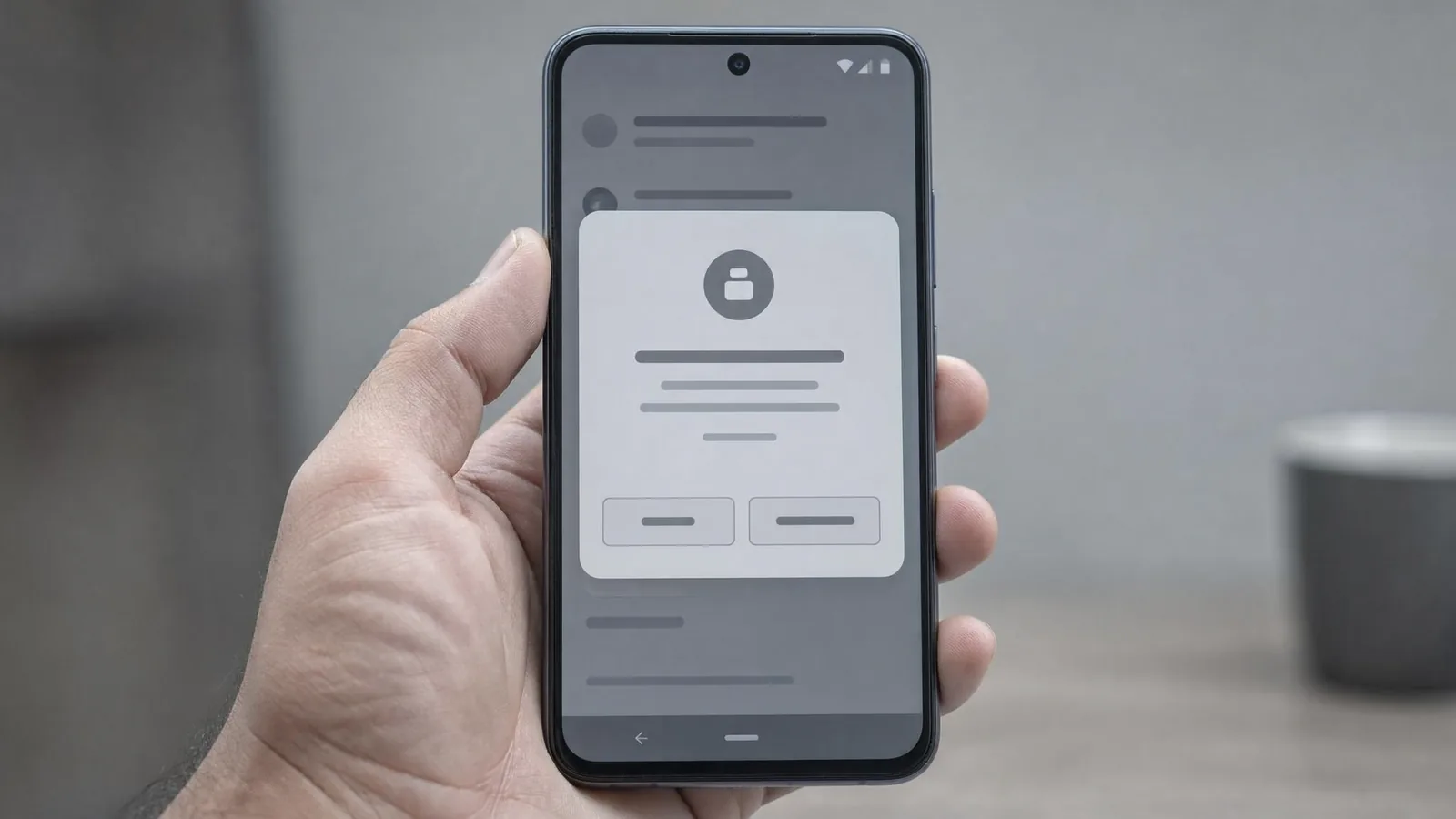 Hand holding an Android phone displaying a system install permission dialog with placeholder text