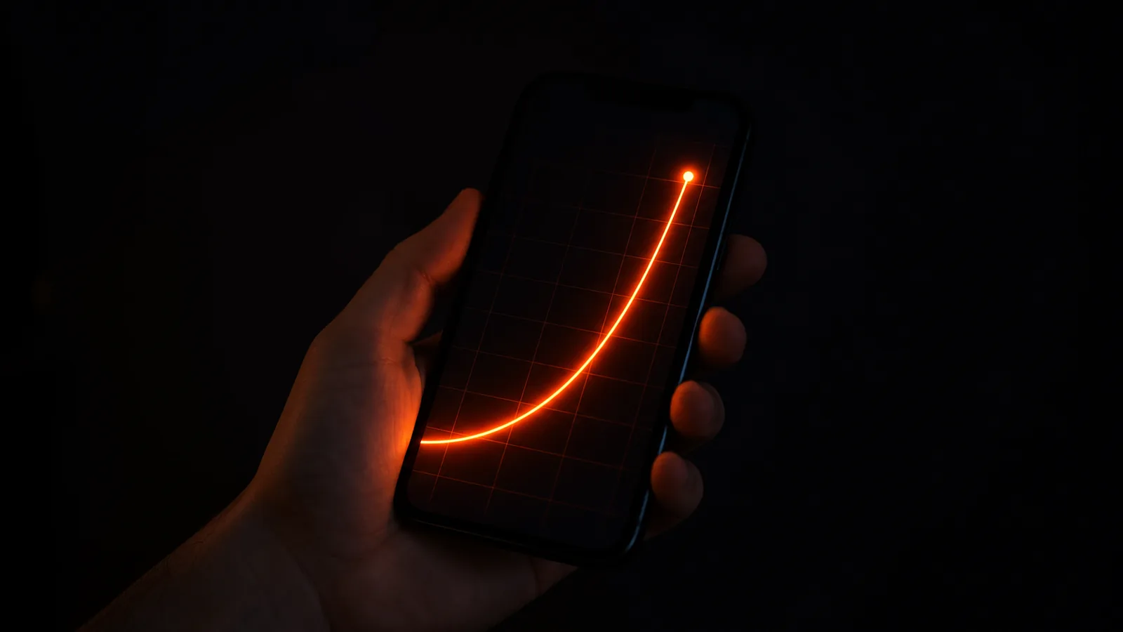 Smartphone held in a dark room showing a steeply rising amber multiplier curve on a black background