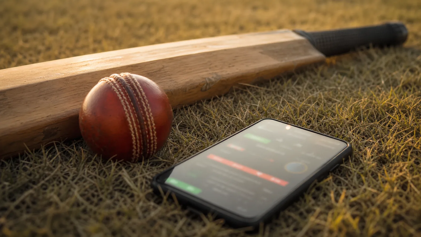 Cricket bat and ball on grass beside a smartphone showing a sports betting interface