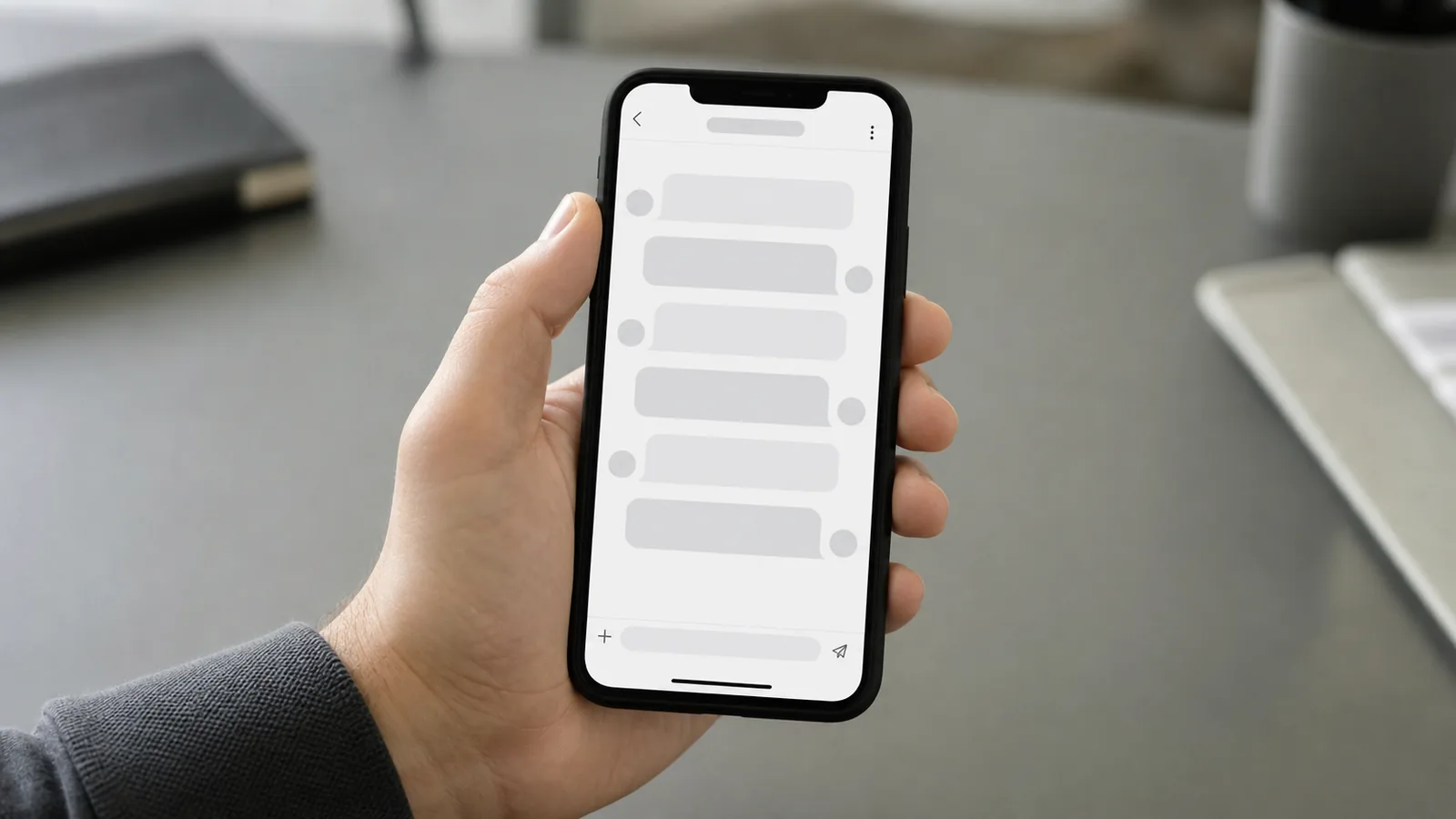 Hand holding a smartphone showing a live chat support conversation with blank message bubbles