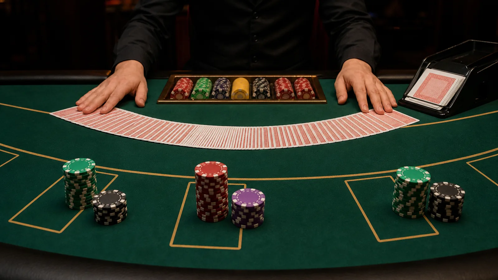 Casino blackjack table with fanned playing cards, stacks of chips and a dealer’s hands at the edge of frame