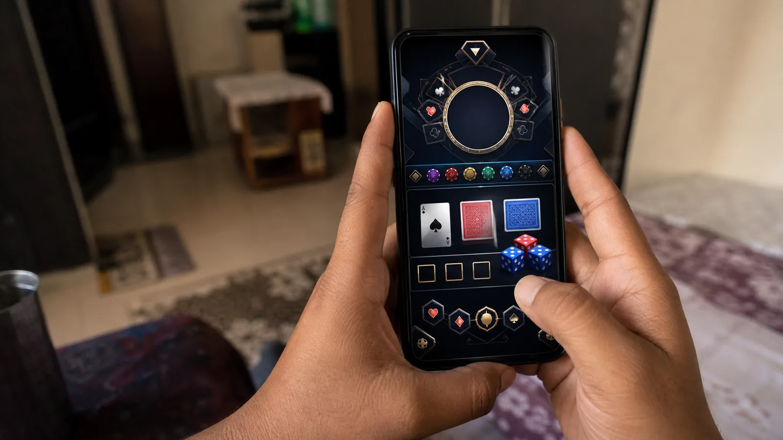 Two hands holding a smartphone showing a dark casino game interface in a home interior