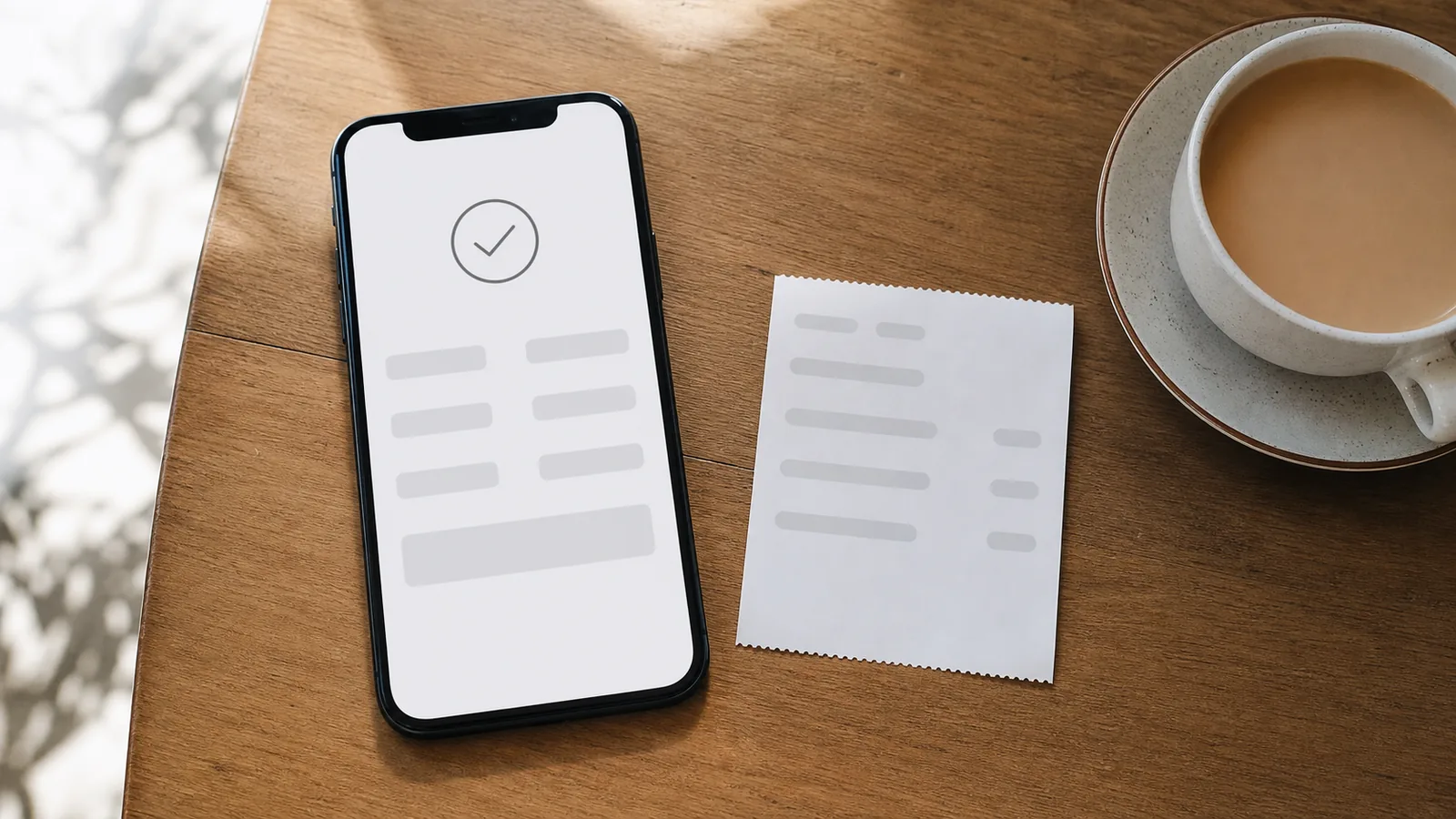 Smartphone showing a mobile wallet transfer confirmation beside a blank paper receipt and a cup of tea