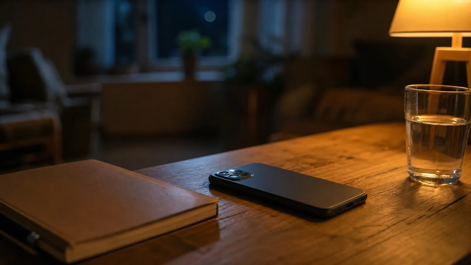 Smartphone lying face-down on a wooden table beside a closed notebook and a glass of water under a warm lamp