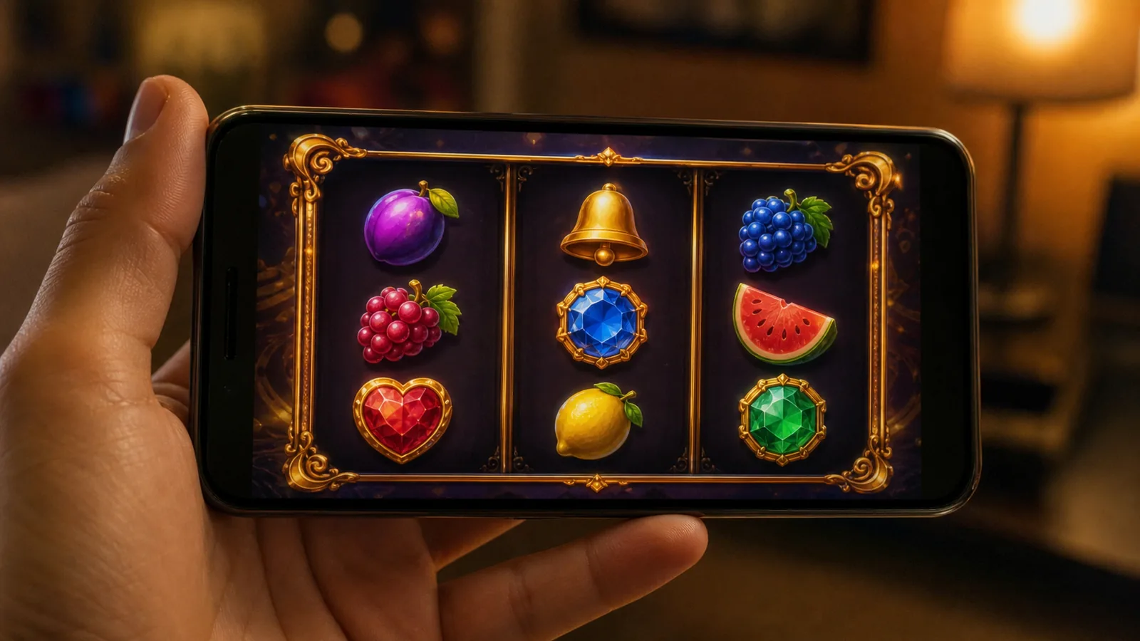 Smartphone held in one hand showing a slot game interface with three reels of fruit and gem symbols